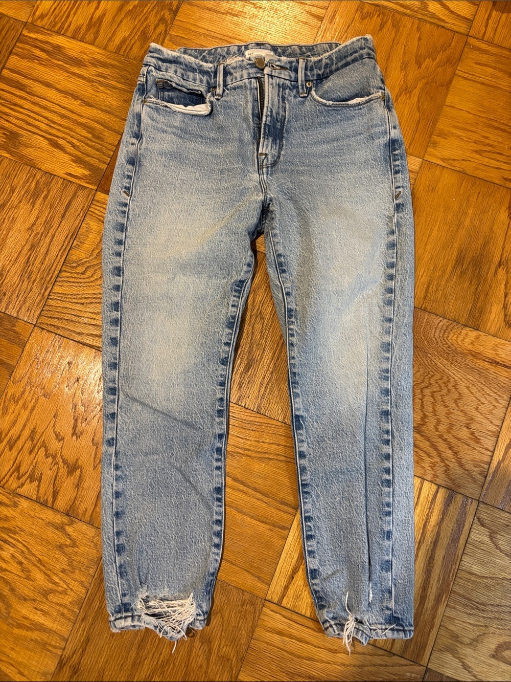 Good American Light Blue Boyfriend Jeans with Distressed Hem